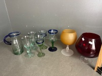 Hand Blowen Blue Glass Wine Glasses & Caraff with 2 Large Glass Goblets / Vase - 2