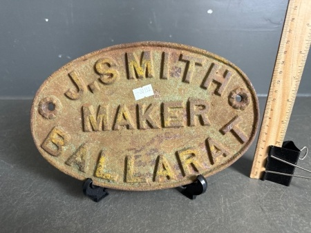 Vintage Cast Iron J. SMITH MAKER BALLARAT Plaque