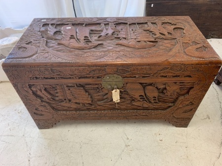 Vintage Carved Camphorwood Chest with Nautical Scene