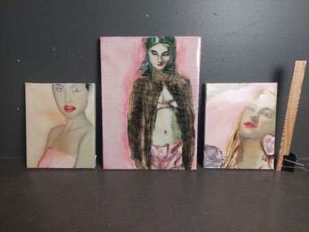 3 Original Oil / Resin on Canvas by Josh Honeyman - Erika in Love, Tombstone Baby & Vicky 2003