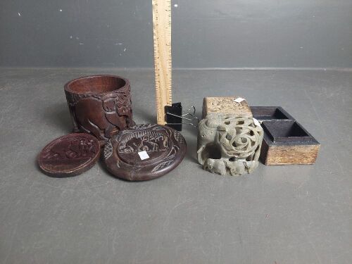 Wooden Elephant Coasters, Soap Stone Elephant Statue w. 2 wooden Trinket Boxes