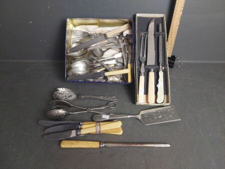 Harris Miller & Co Stainless Carving Knife & Fork with asortment of Vintage Cultery, Servers & Steels etc