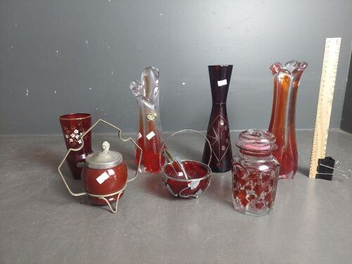 Mixed Red Glass Lot inc. Etched Glass, Crafty Murano Style Vases, Sugar Bowls etc