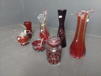 Mixed Red Glass Lot inc. Etched Glass, Crafty Murano Style Vases, Sugar Bowls etc - 4