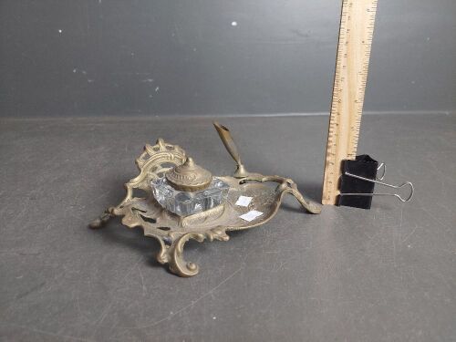 Antique Brass & Glass Inkwell