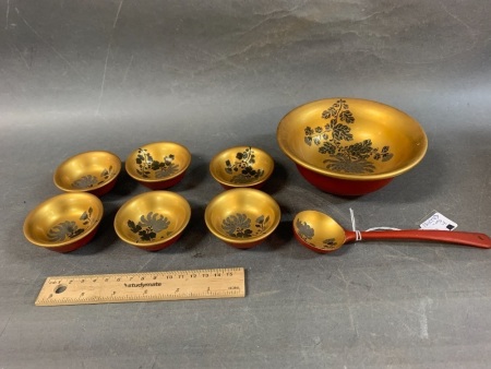 8 Piece Vintage Hand Painted Japanese Lacquer Ware Bowl Set