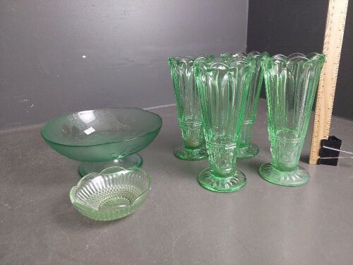 Green Depression Glass Vases with Green Glass Serving Dish