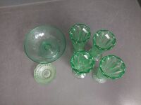 Green Depression Glass Vases with Green Glass Serving Dish - 2