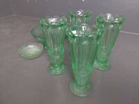 Green Depression Glass Vases with Green Glass Serving Dish - 3