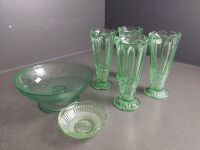 Green Depression Glass Vases with Green Glass Serving Dish - 4