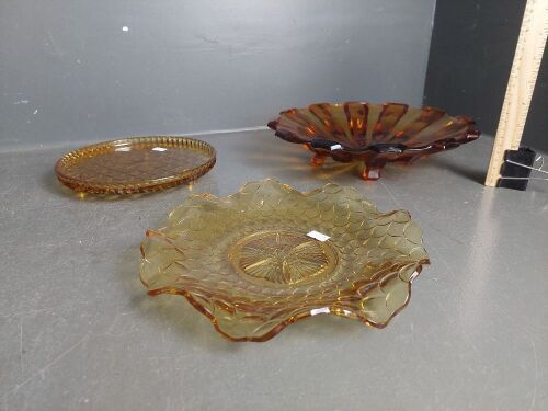 Mid Century Amber Glass Fruit Bowl with 2 Amber Glass Platters