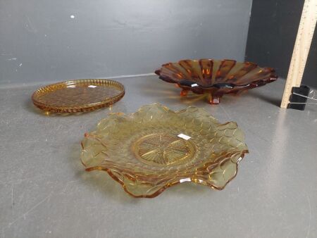 Mid Century Amber Glass Fruit Bowl with 2 Amber Glass Platters