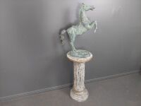 Rearing Horse Statue on A Wooden Pedistal - 3