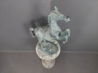 Rearing Horse Statue on A Wooden Pedistal - 4