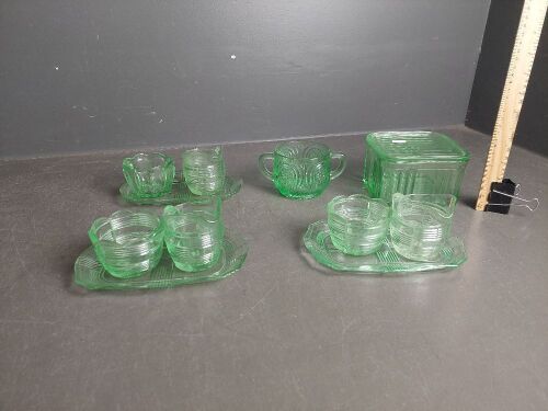 Green Depression Glass inc Butter Dish with Cream & Sugar Trays