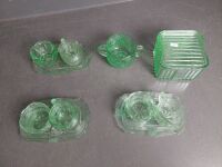 Green Depression Glass inc Butter Dish with Cream & Sugar Trays - 2