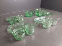 Green Depression Glass inc Butter Dish with Cream & Sugar Trays - 3