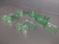 Green Depression Glass inc Butter Dish with Cream & Sugar Trays - 4