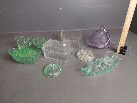 Mixed Lot of Depression Glass inc Butter Dishes, Vase & Suger/Creamer