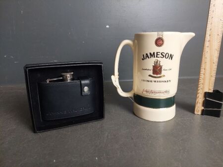 Vintage Jamieson Irish whiskey Jug by East Gate England & Original Johnny Walker Stainless Hip Flask