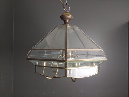 Mid Century Brass & Bevelled Glass 5 Tier Chandelier