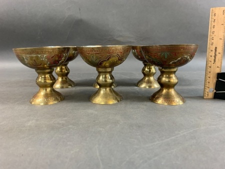 Set of 6 Vintage Indian Incised & Painted Brass Bowls, Tinned Inside