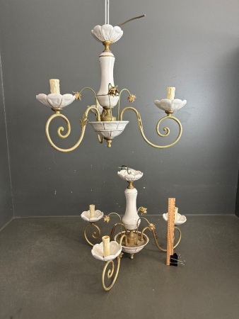 2 Vintage Brass & Ceramic 3 Tier Chandeliers