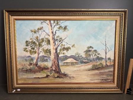 Original Simpson Oil on Board Cottage with Gum Trees in Foreground