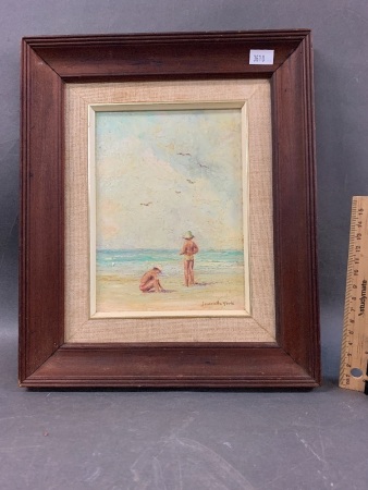Vintage Framed Small Oil on Board Beach Scene Signed Jeanette York