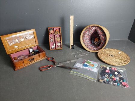 Misc Sewing Kit with Nova Sierra Scissors (need tuning) And Misc Trinket Boxes