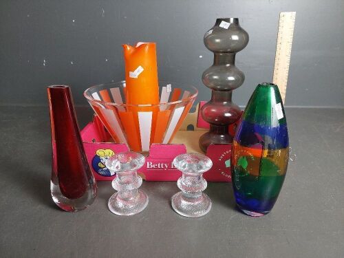 Mid Century Coloured Glass Bowl, Vases, Jug & Candle Sticks