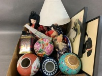 Box Lot of Asian Dolls, Ceramics, Fans, Etc - 2