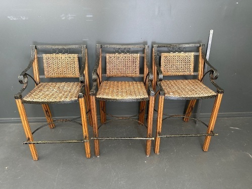 3 Metal Wood and Rattan Bar Stools with Arm & Foot Rests