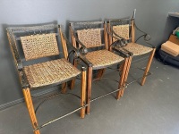 3 Metal Wood and Rattan Bar Stools with Arm & Foot Rests - 2