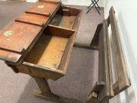 Antique School Desk with Ink Wells - 4