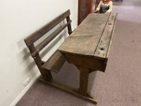 Antique School Desk with Ink Wells - 5