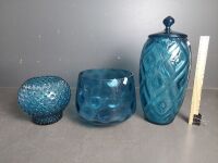 Large Blue Glass Lot with Jar & Bowls