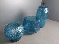 Large Blue Glass Lot with Jar & Bowls - 5