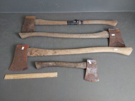 2 Vintage Axes - 1 Marked and 1 repaired + Modern Axe and Hatchet