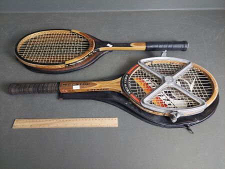 Two Vintage Tennis Rackets with covers and brace - Wilson and Dunlop