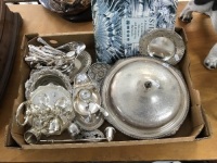 Box Lot of Silver Plate inc. Egg Cup Set, Cutlery, Trays, Plates etc
