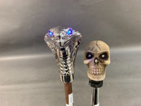2 Novelty Walking Sticks with Cobra Head & Skull Handles