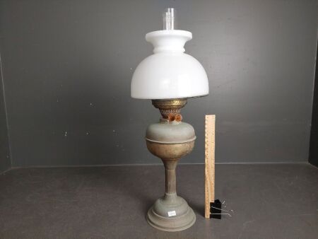 Brass Double Burner Oil Lamp with White Glass Shade, and Chimney