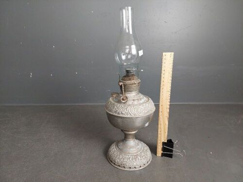 Miller (USA) Embossed Metal Oil Lamp with Chimney