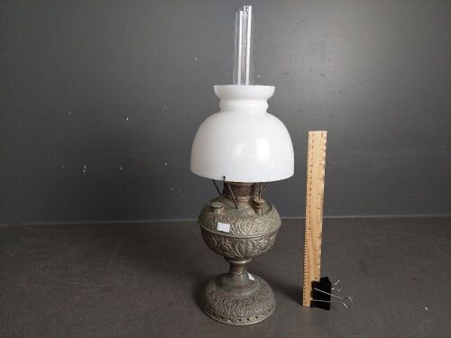 Miller (USA) Embossed Metal Oil Lamp with White Glass Shade, and Chimney