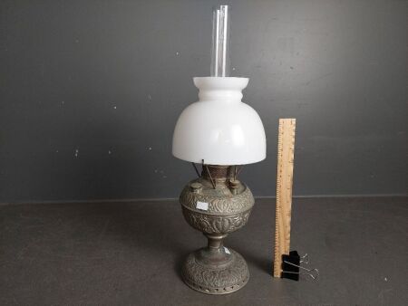 Miller (USA) Embossed Metal Oil Lamp with White Glass Shade, and Chimney