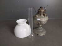 Miller (USA) Embossed Metal Oil Lamp with White Glass Shade, and Chimney - 2