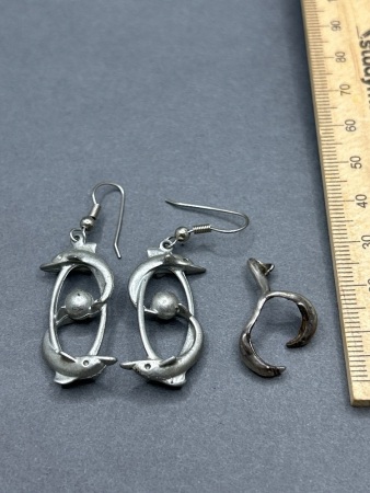 Vintage Sterling Silver Dolphin Pendant and Earing Set