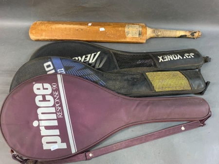 Vintage Cricket Bat + 3 Tennis Rackets