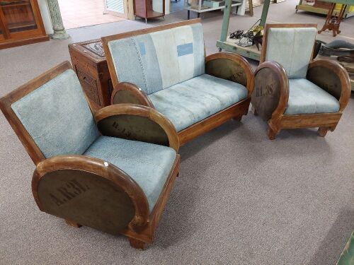 Mid Century Art Deco Denim 2 Seater Lounge with Matching Seats